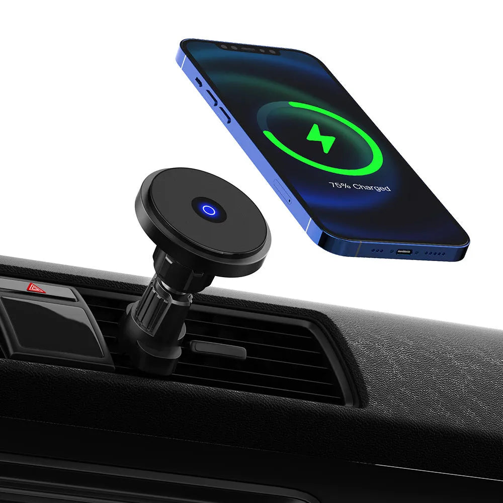 Aluminium alloy 15W magnetic wireless car charger with adjustable dashboard mounting bracket in black