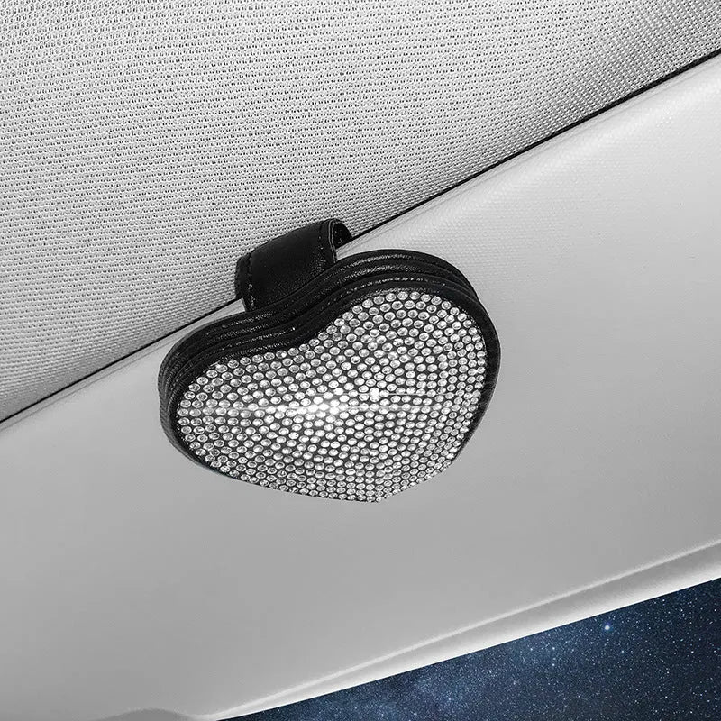 PU leather car sun visor clip with diamond pattern, holding sunglasses and cards.