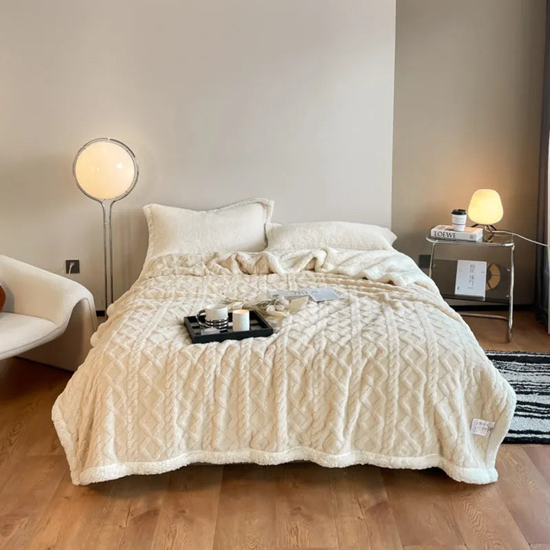 Double bed winter thermal flannel blanket in beige colour showing thickened texture and modern simplicity design