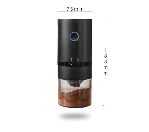 Portable black electric coffee grinder with transparent chamber and USB-C charging cable