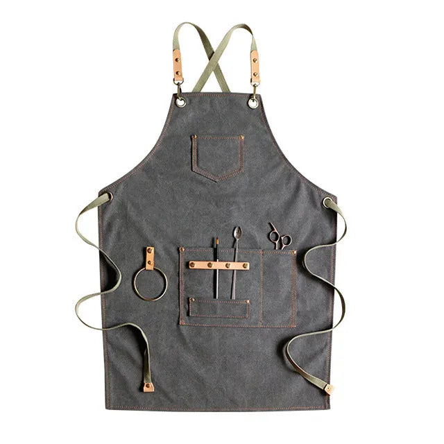 Han style canvas apron with cross-strap back in camel, light grey, or dark grey