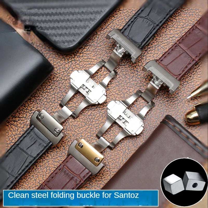 Genuine leather watch band for Santos 100 in black with steel buckle