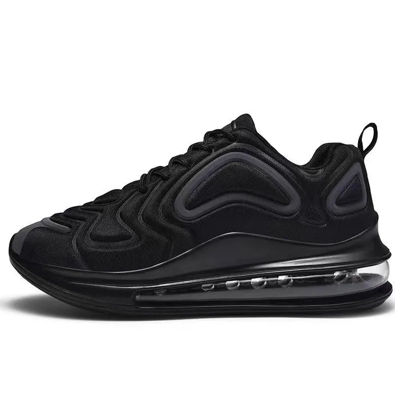 Men's black air cushion casual sneakers with lace-up front and thick sole