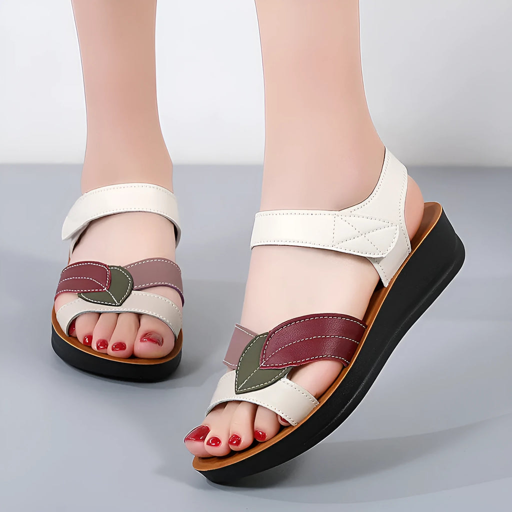 Women's thick-soled summer sandals in beige with hook-and-loop closure and side hollow design