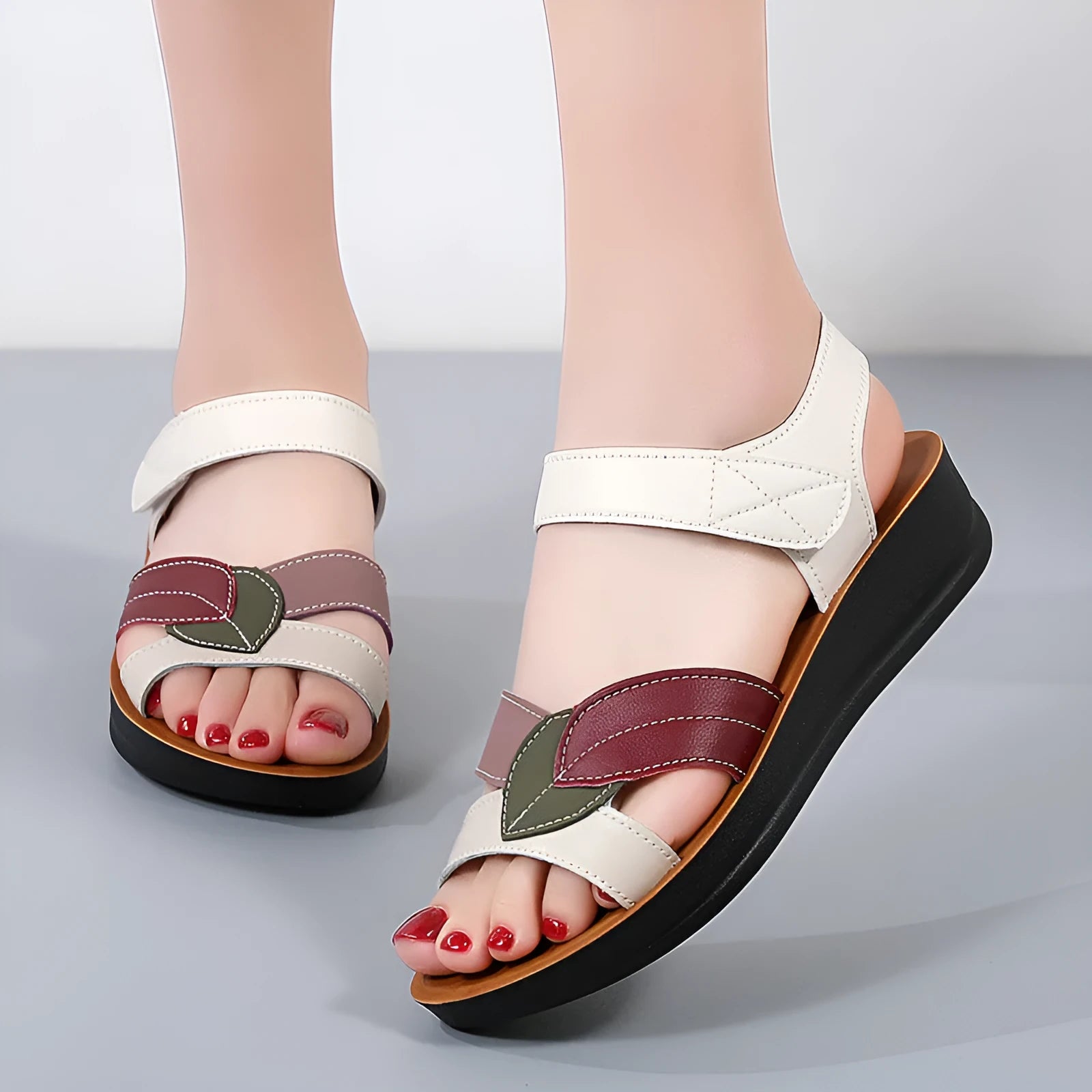 Women's thick-soled summer sandals in beige with hook-and-loop closure and side hollow design