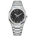 Business casual men's quartz watch with a steel belt on a wrist, showing dial colour options of black, black with silver scale, or silver with black accents.