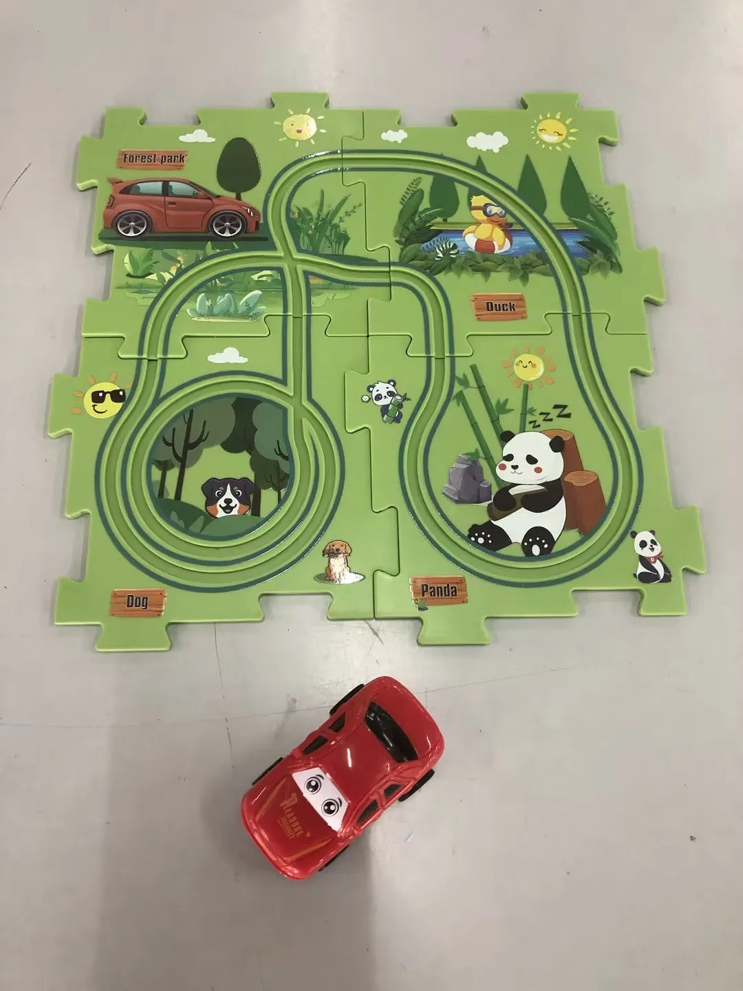 Children puzzle electric railroad speeder with DIY assembly track and automatic car, dinosaur theme