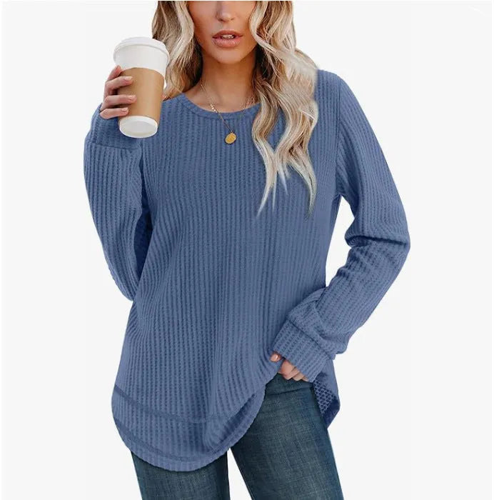 Waffle loose round neck high low curved hem top in plaid pattern, dark khaki colour