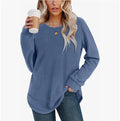 Waffle loose round neck high low curved hem top in plaid pattern, dark khaki colour