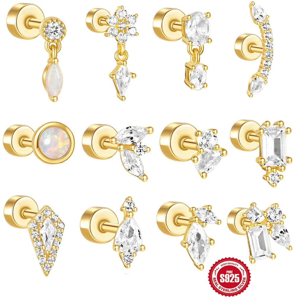S925 sterling silver geometric ear bone studs with flat column thread in gold colour variations