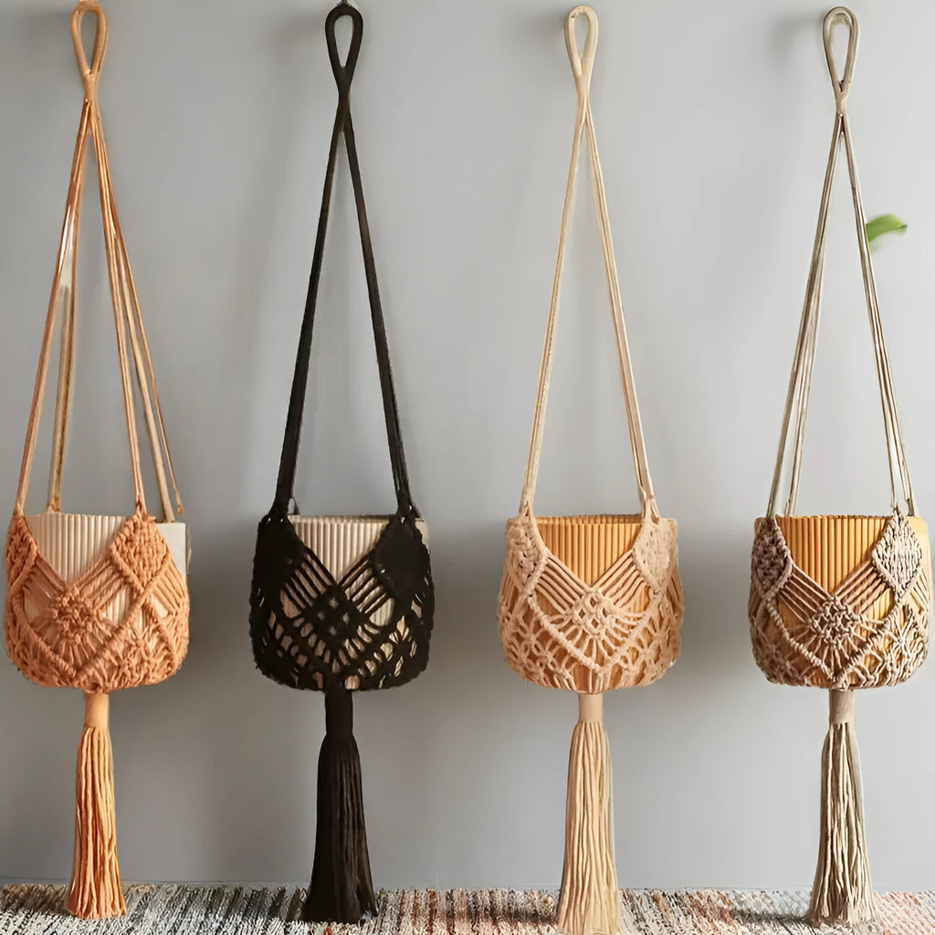 Hand-woven polyester cotton flower pot sleeve in minimalist design with net pocket extension cord