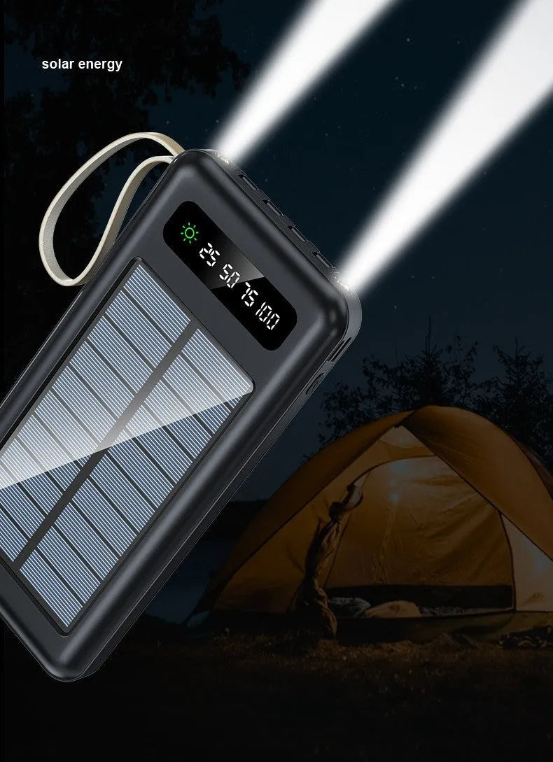 Solar Super Capacity Power Bank in black or white, showing front with solar panel and USB port, dimensions 144mm x 68mm.