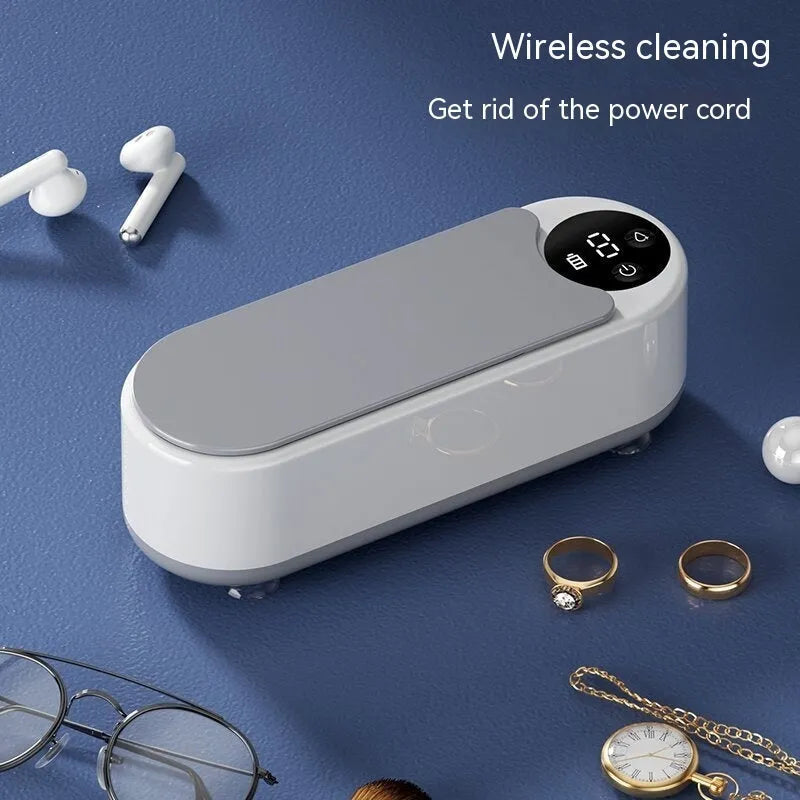 White ultrasonic glasses cleaning machine with display, USB port, and 200g weight