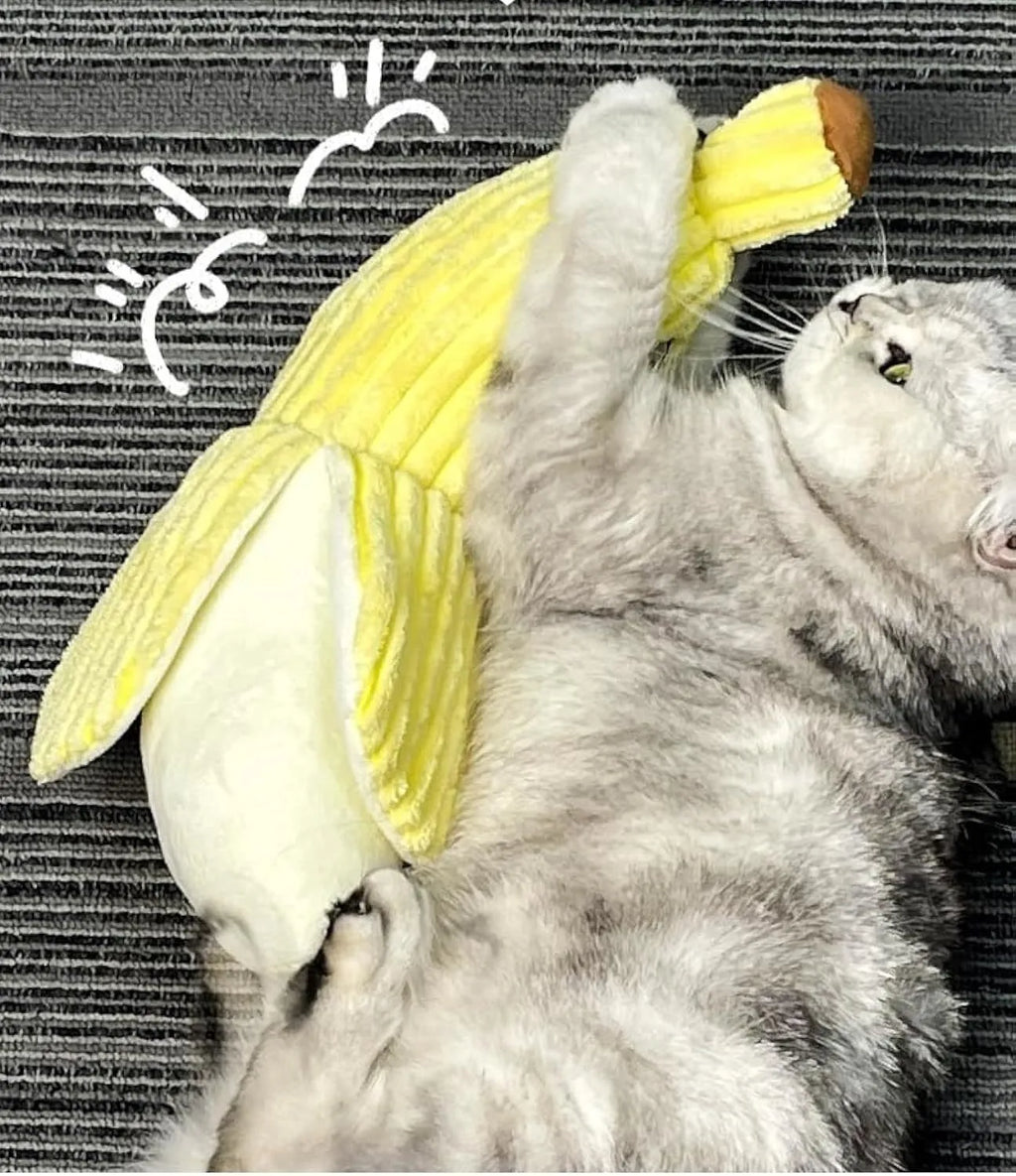 Yellow banana-shaped cat toy with textured surface measuring 13 inches long
