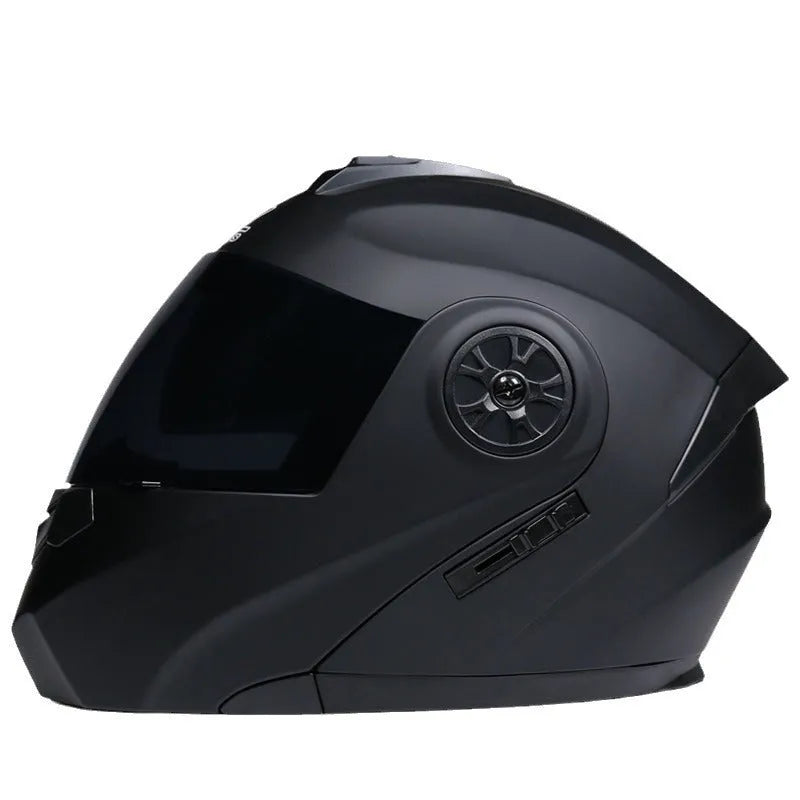 Matte black full face battery helmet for adults in sizes S M L XL on a white background.