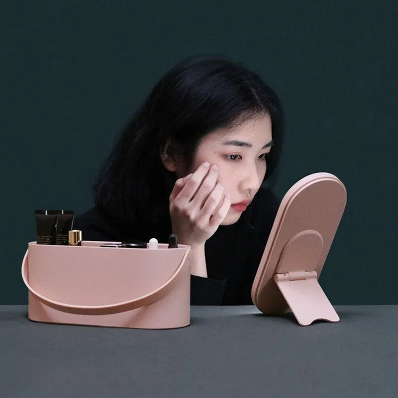 Portable aluminium mirror with plastic storage box in pink or white colour