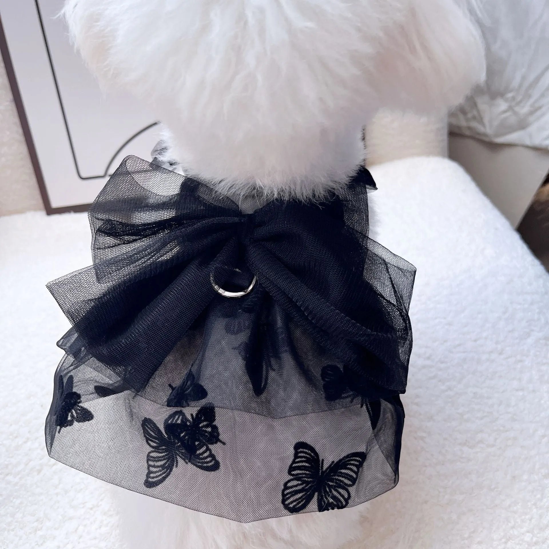 Black gauze princess tulle skirt for a small dog, showing lightweight sheer fabric and formal style.