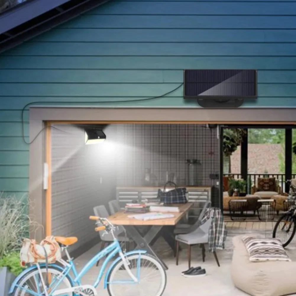 468LED separate-body solar wall light with motion sensor on brick wall