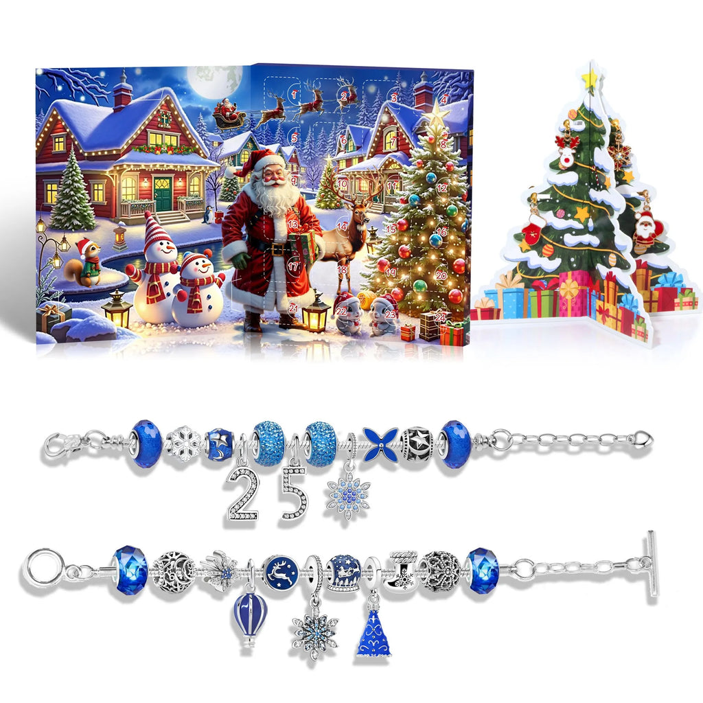 Zinc alloy 25 grid Christmas advent calendar with electroplated finish in blue, featuring a bracelet blind box