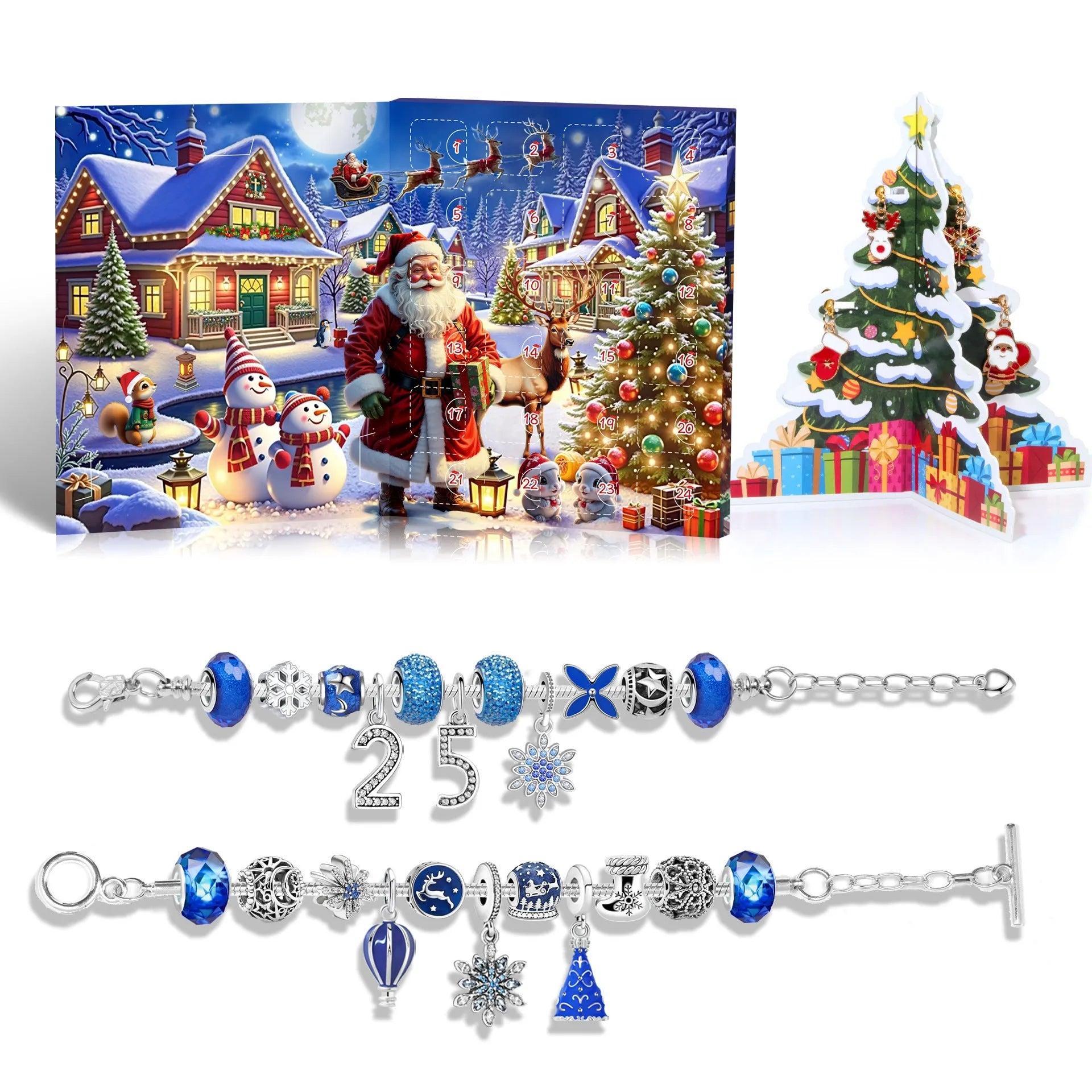 Zinc alloy 25 grid Christmas advent calendar with electroplated finish in blue, featuring a bracelet blind box