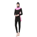 Conservative black and rose red women's swimsuit set with long sleeves, hood, and trousers.