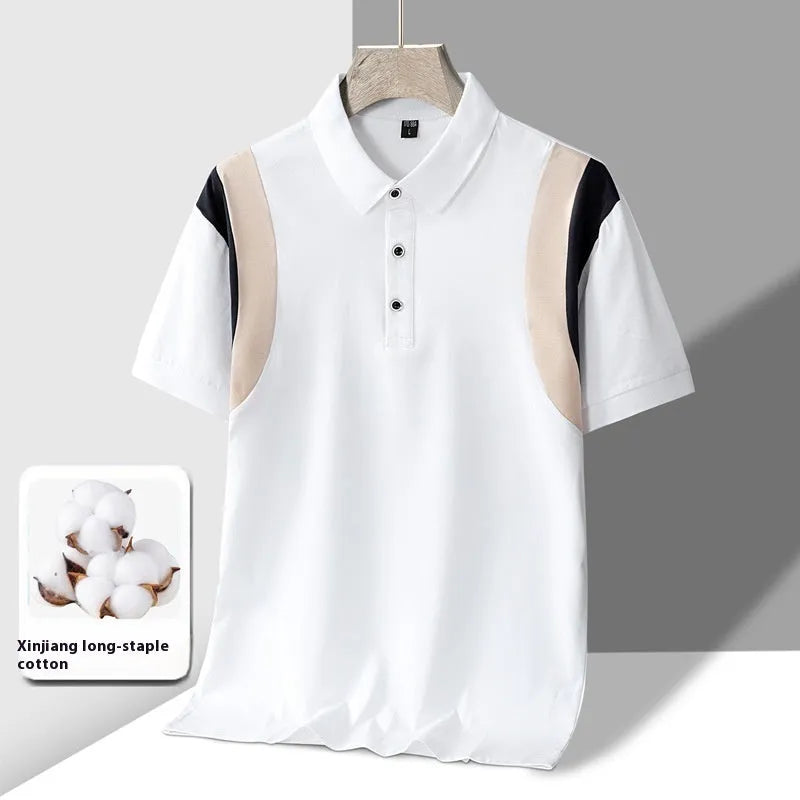 Man modelling a thin cotton short-sleeved T-shirt with a business lapel collar in a loose fit.