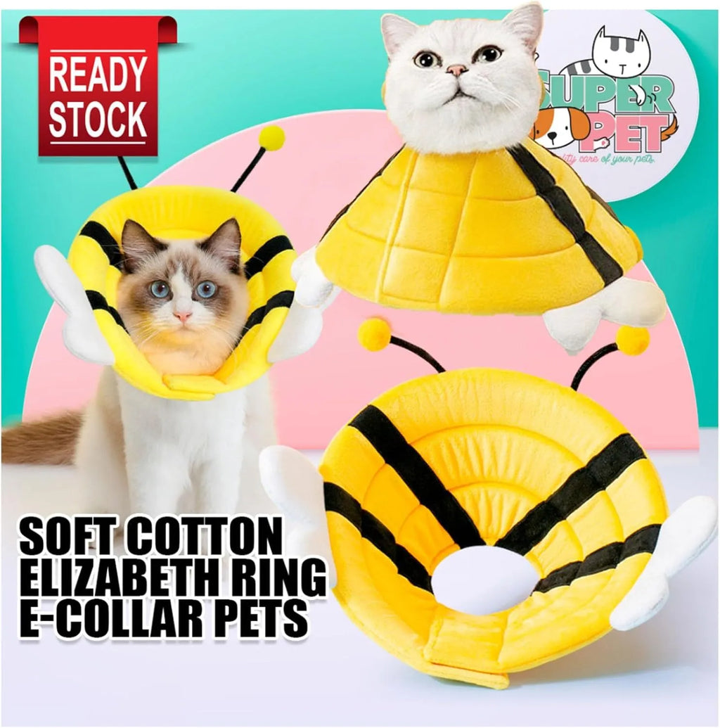 Soft cat cone collar with bee design showing Velcro closure and fabric construction