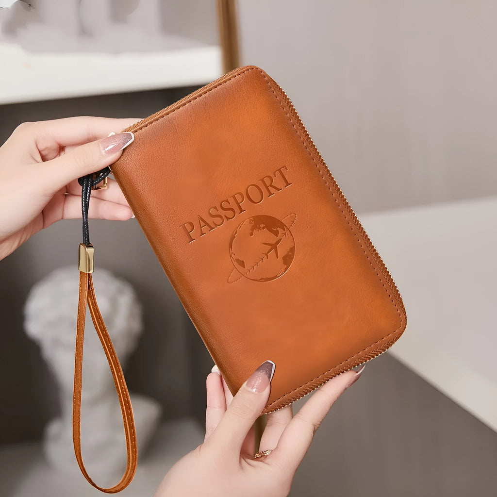 Brown PU travel document wallet with zip, open to show credit card slots and passport space.