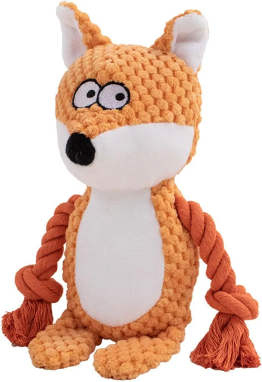 Plush dog toy with a cotton rope tail, shown in Elephant, Fox, Monkey, Pig, and Rabbit designs.