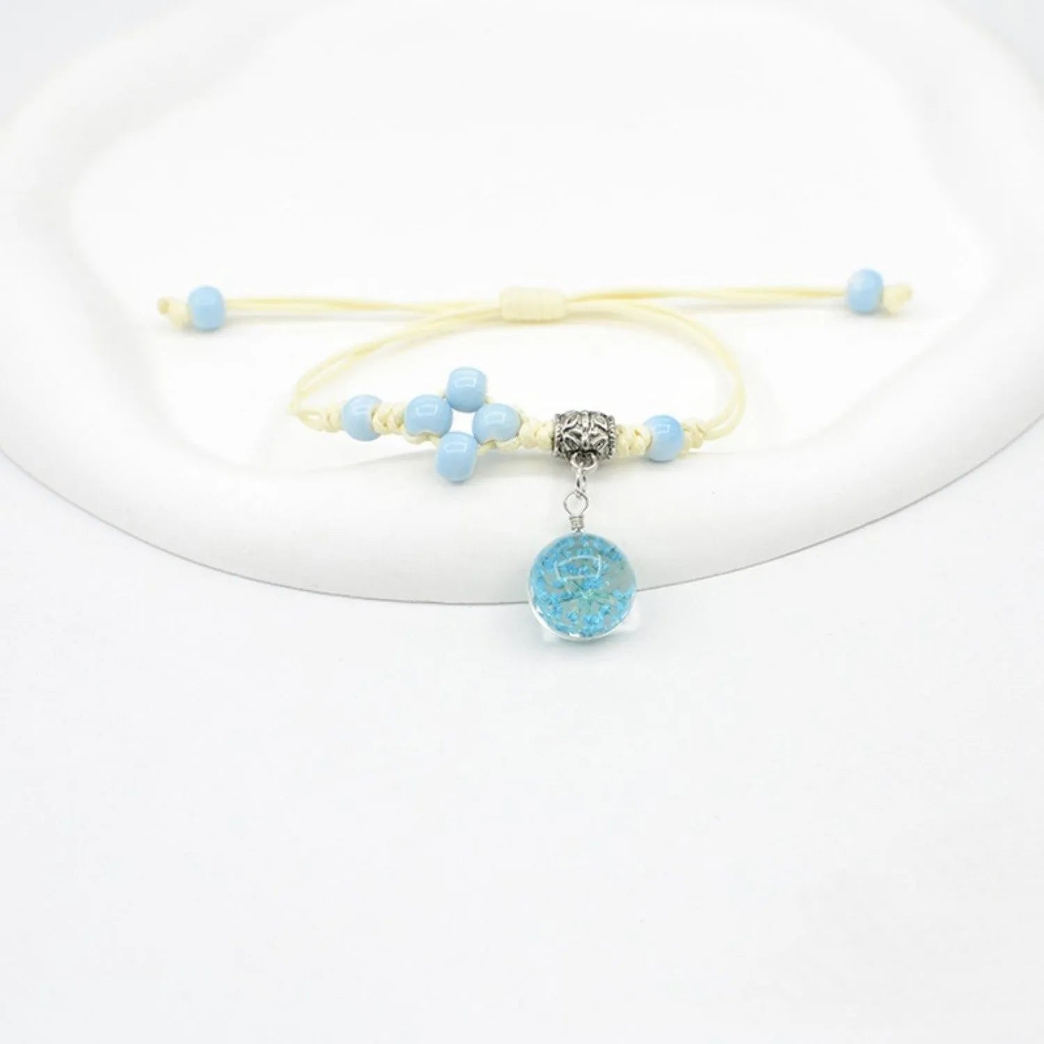 Glass dried flower bracelet with real preserved flowers and lace trim on large 1.4cm beads