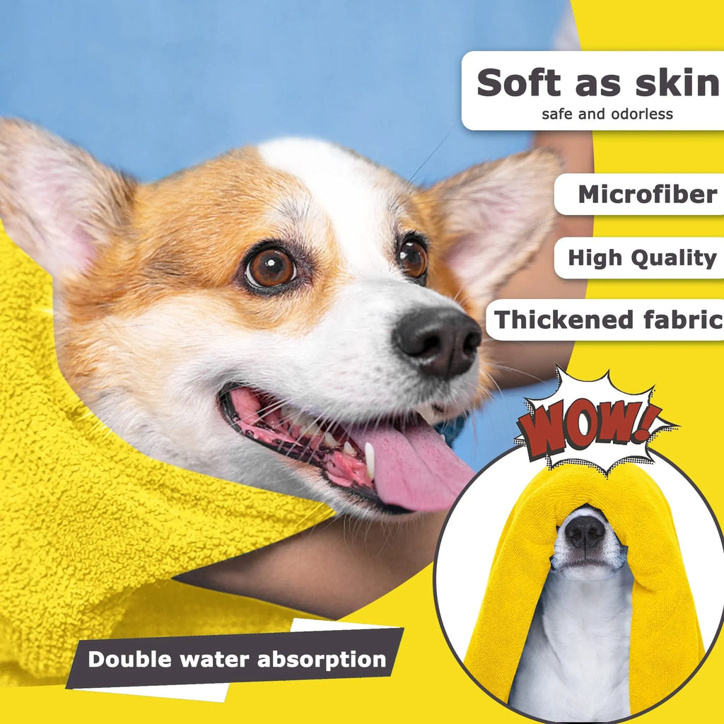 Yellow microfiber pet drying towel with hook, three sizes 30x60cm, 50x100cm, 70x140cm