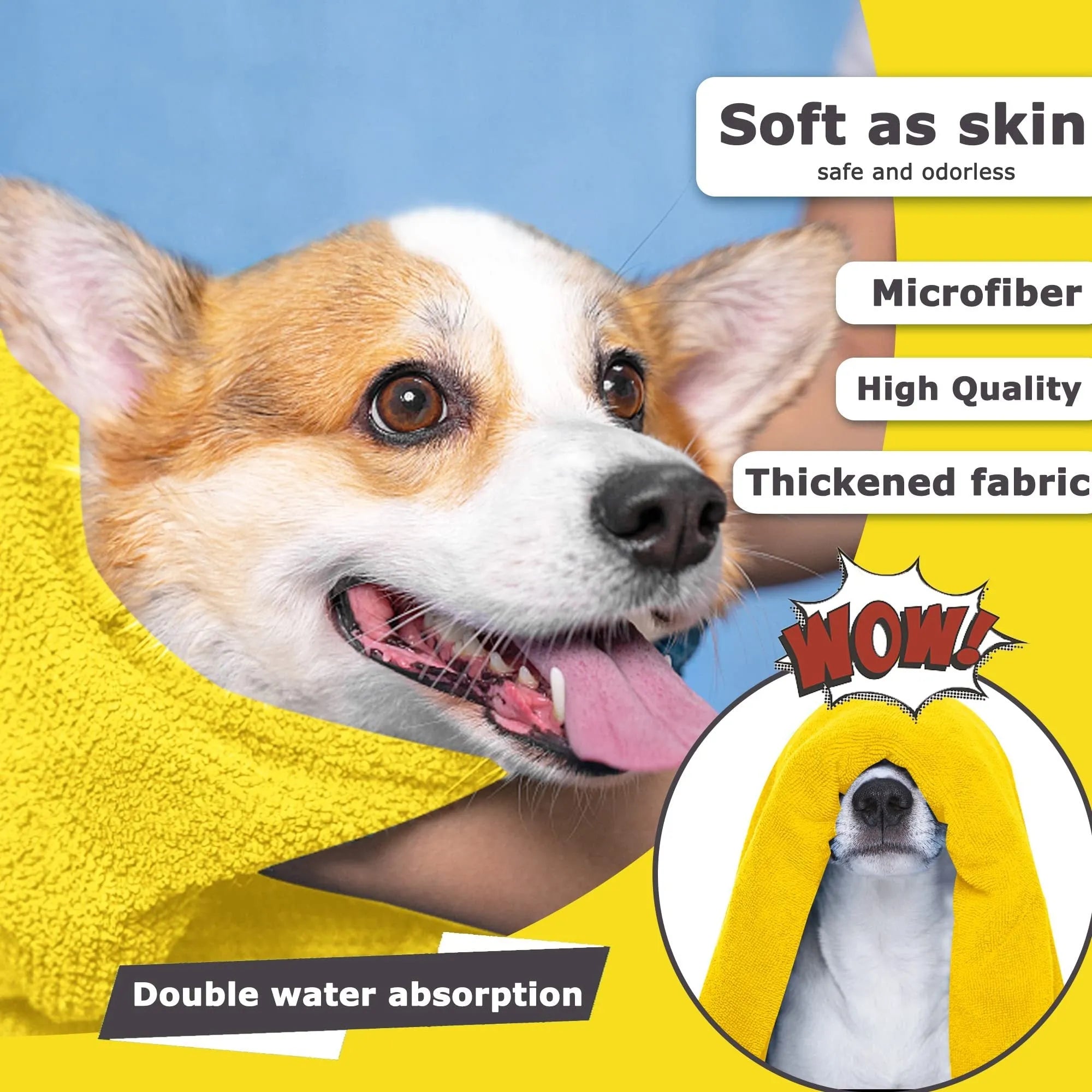 Yellow microfiber pet drying towel with hook, three sizes 30x60cm, 50x100cm, 70x140cm