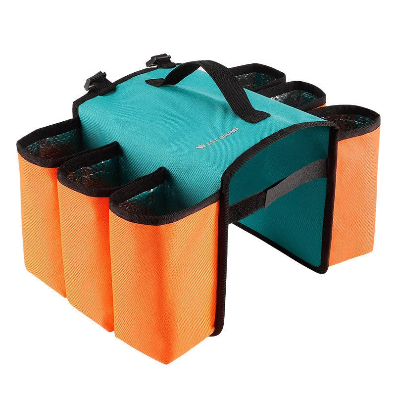 Black and blue orange double-sided bicycle handlebar drink storage bag mounted on bike.