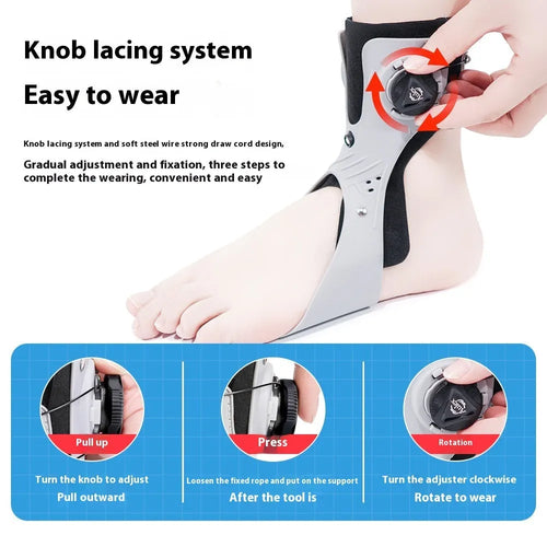 Grey and black ankle support brace with airbag button fixation, shown in left and right foot versions.