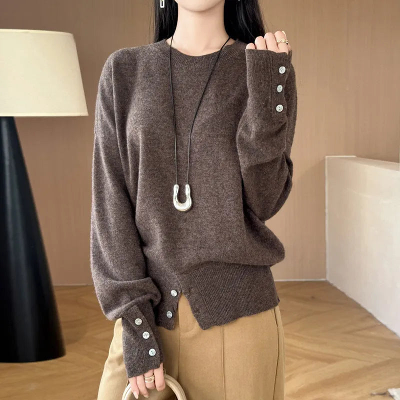 Women's French-style button split turtleneck sweater in wool, thick knit, 50cm length, mint green caramel brown purplish red raw velvet rice, sizes M L XL.