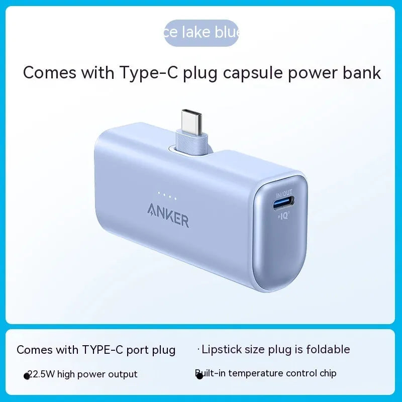Small capsule-shaped 5000mAh power bank with foldable USB-C head in multiple colours.