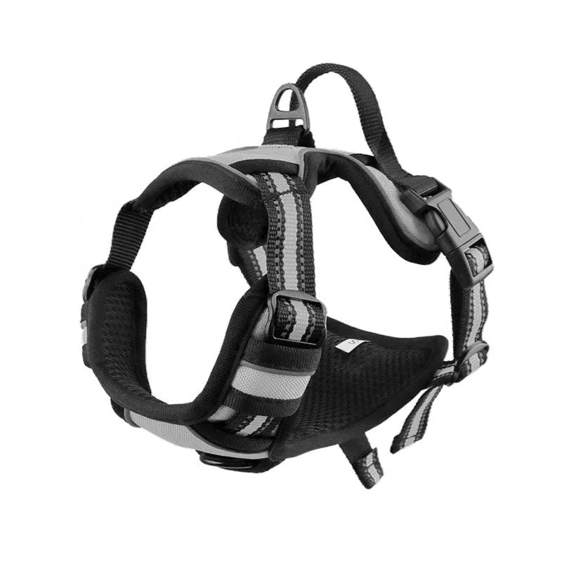 Adjustable dog chest strap harness in Oxford cloth, shown in various colours and sizes.