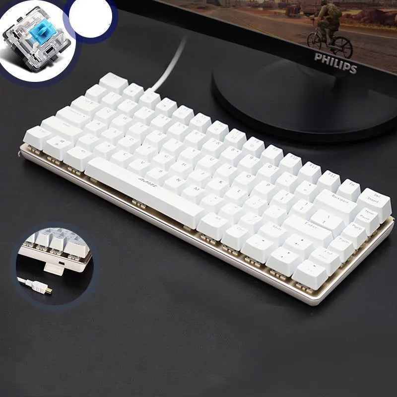 Heijue AK33 82-key mechanical keyboard black shaft white light version on desk with metal panel