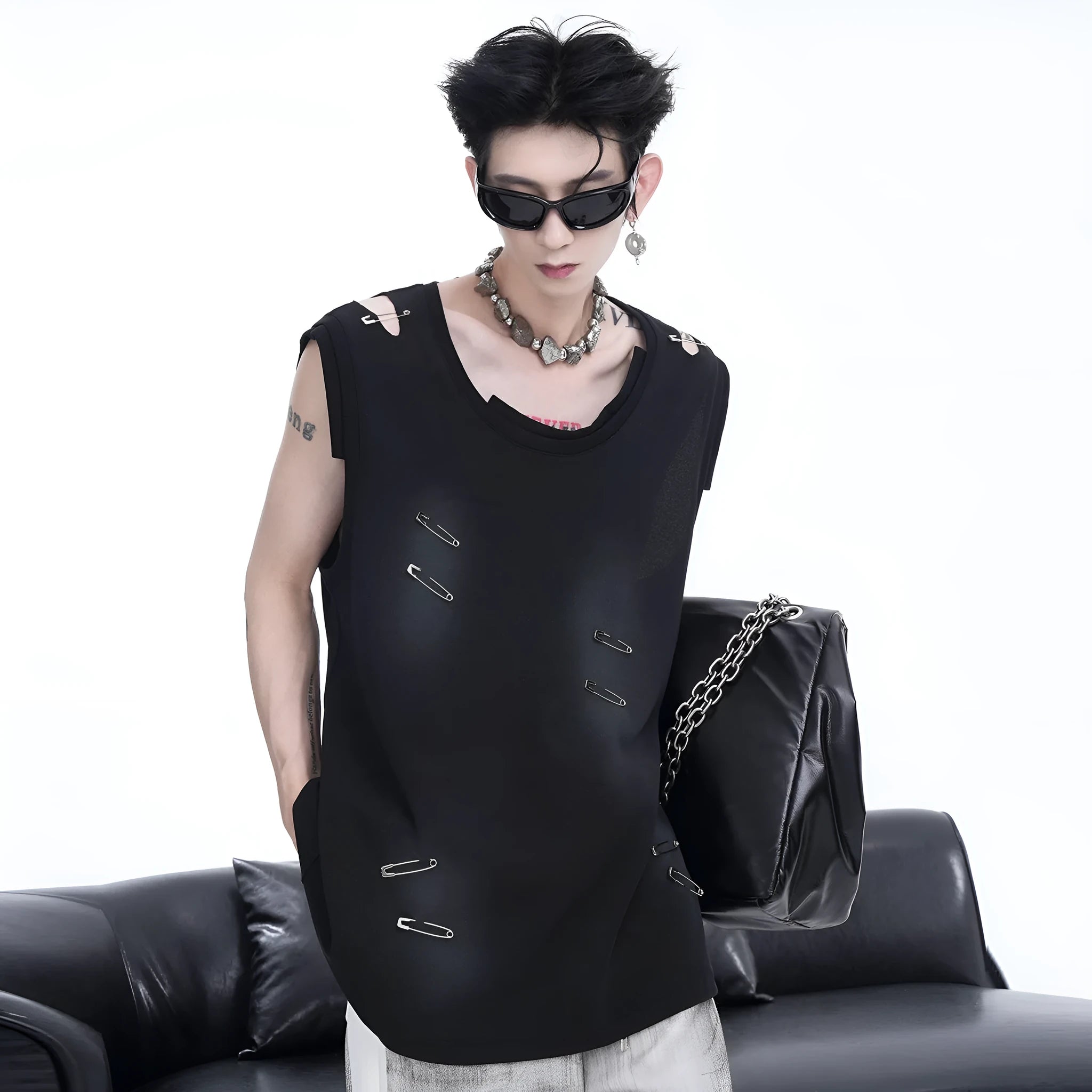 Men's black ripped cut vest waistcoat with irregular design and round neck collar