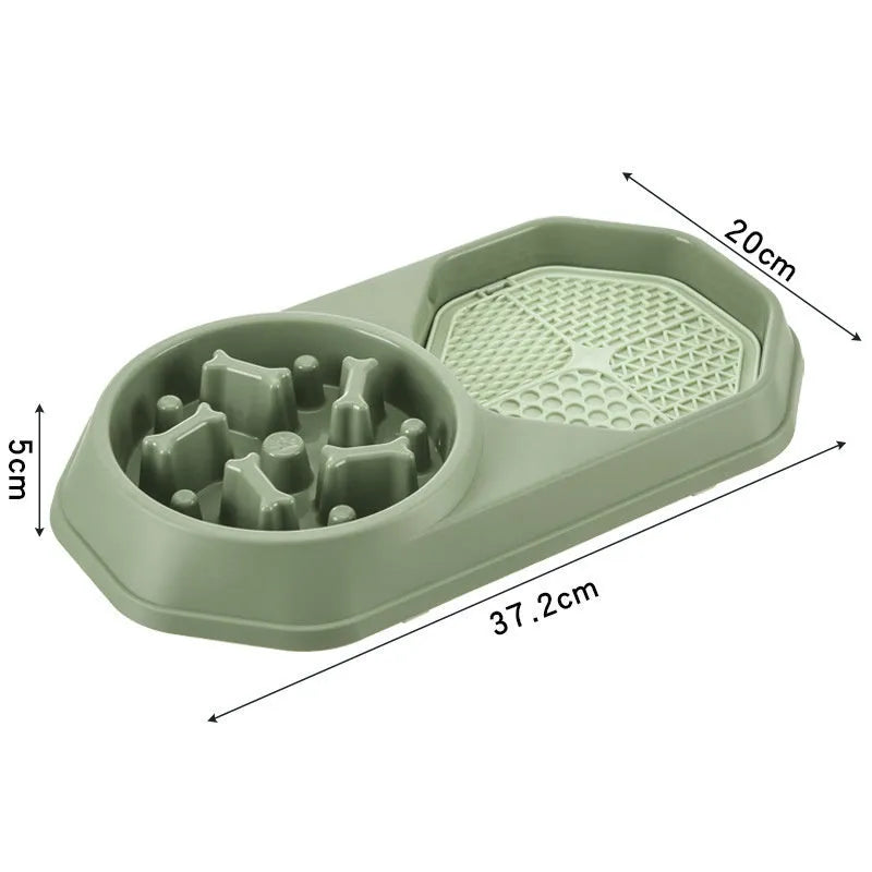 Blue interactive slow feeder dog bowl with maze pattern for dry and wet food, non-slip base.