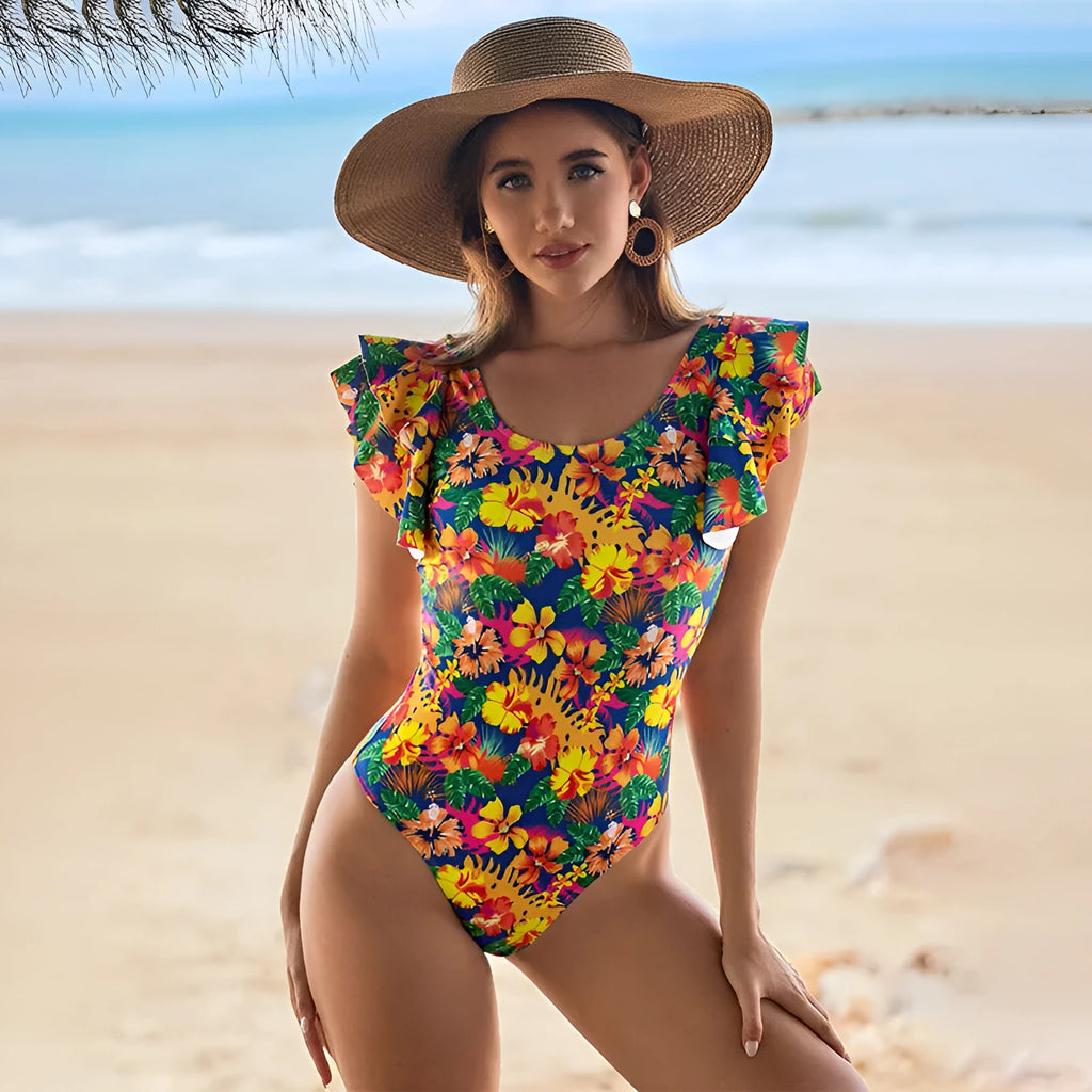 Women's one-piece swimsuit with U-shaped collar and lace trim in polyester fabric.