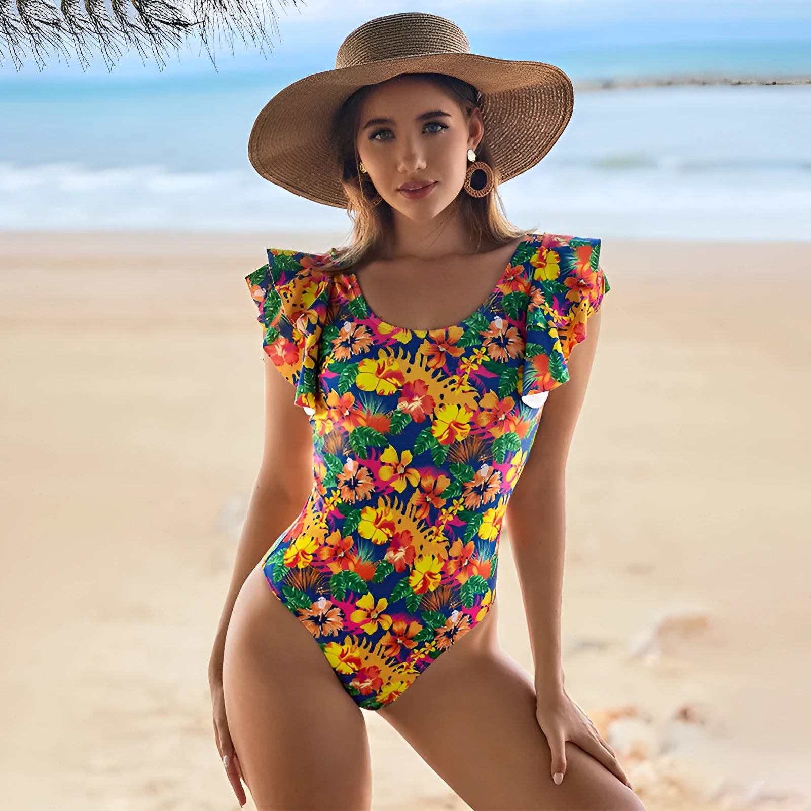 Women's one-piece swimsuit with U-shaped collar and lace trim in polyester fabric.
