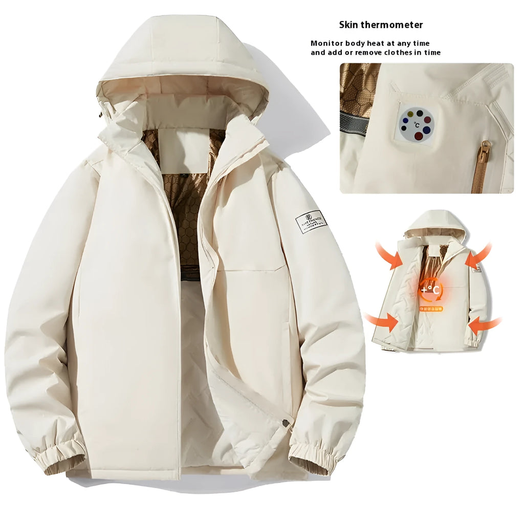 Men's temperature sensing waterproof winter jacket in extended sizes L to 6XL