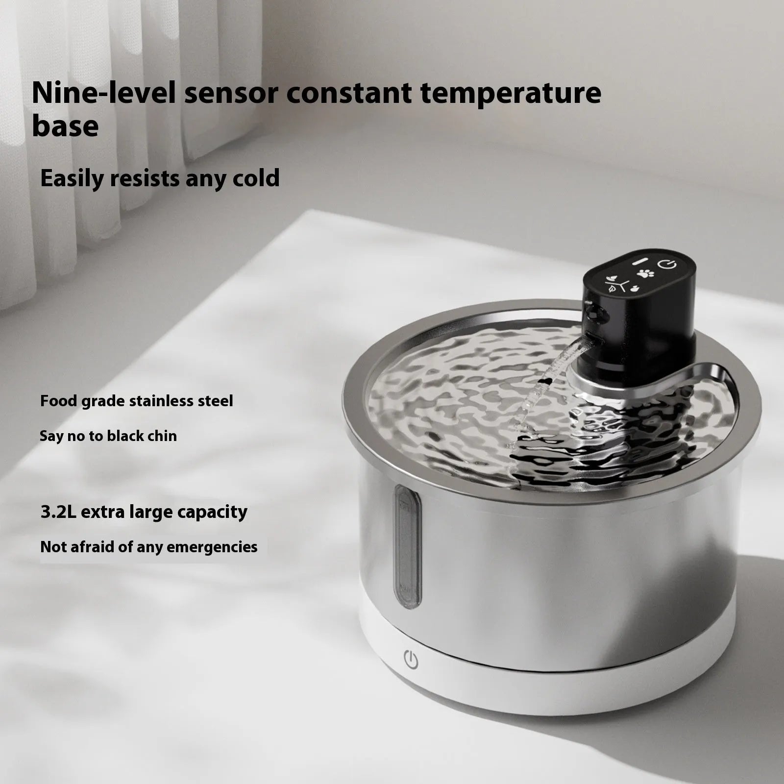 White ceramic pet water fountain with stainless steel dish and digital temperature control display.