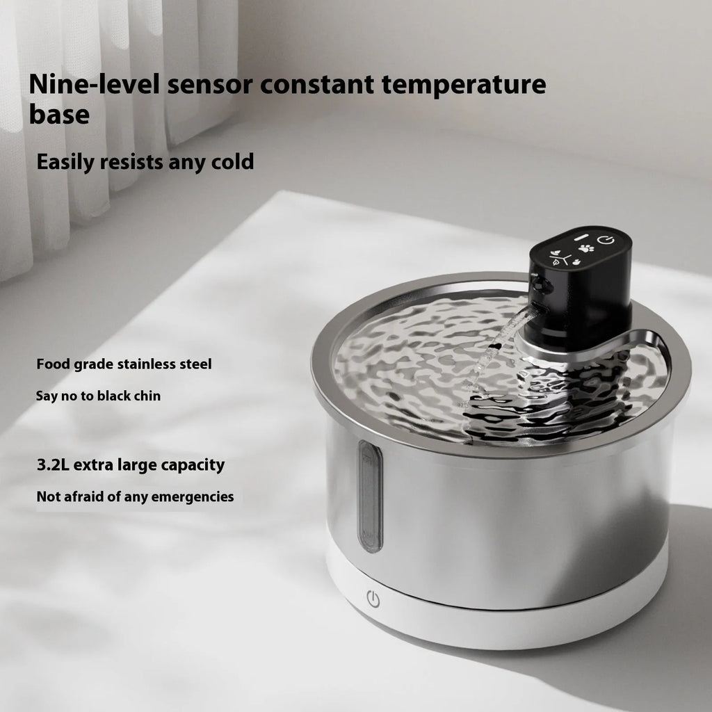 Stainless steel pet water fountain with temperature control base in black or white colour options