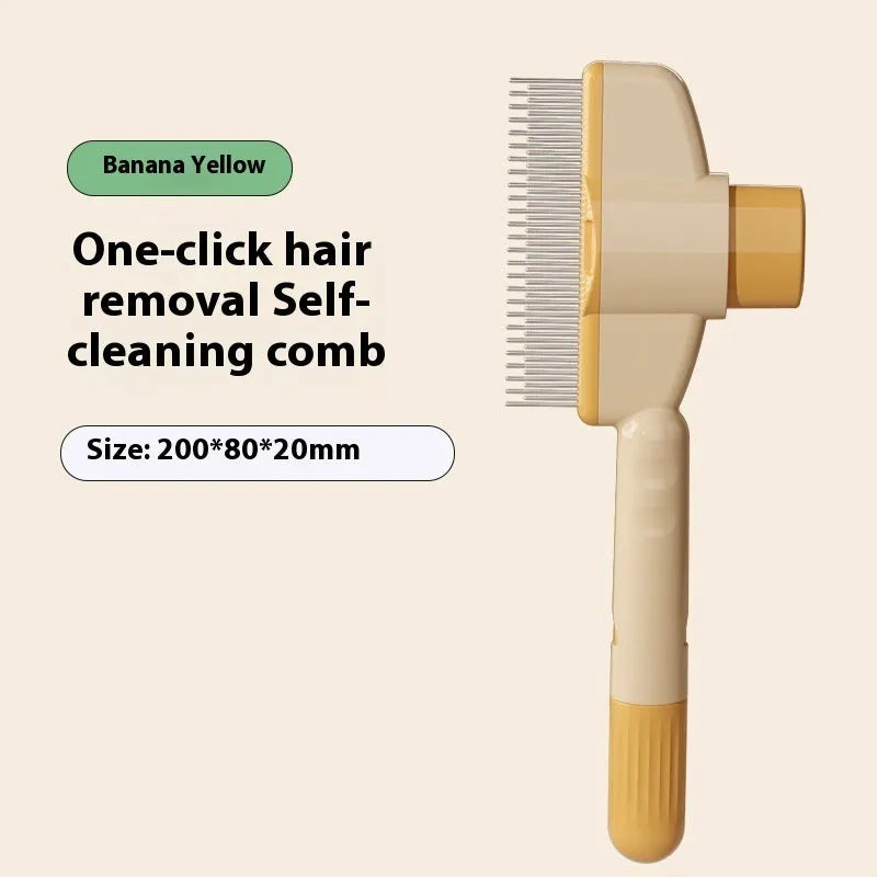 Yellow self-cleaning pet comb with stainless steel teeth and release button