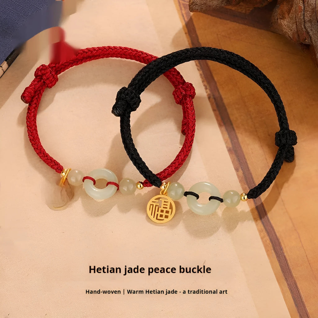 Silver geometric bracelet with Hetian jade peace buckle and black leather cord for card carrying