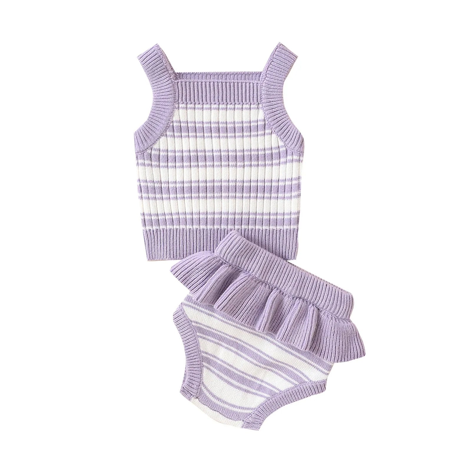 Violet flower print polyester girls two-piece casual set with top and bottom