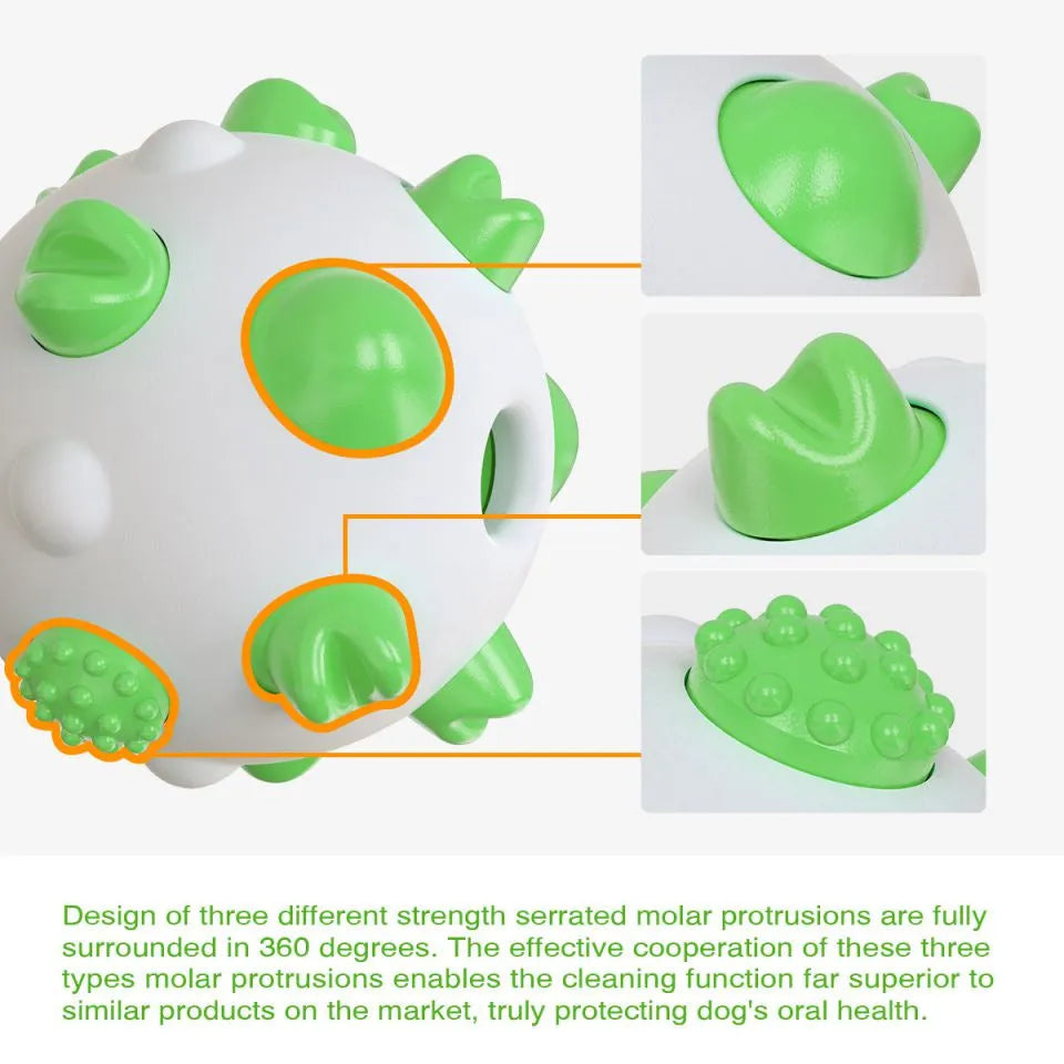 Blue green and yellow dog teething chew ball with textured bumps and hollow treat compartment
