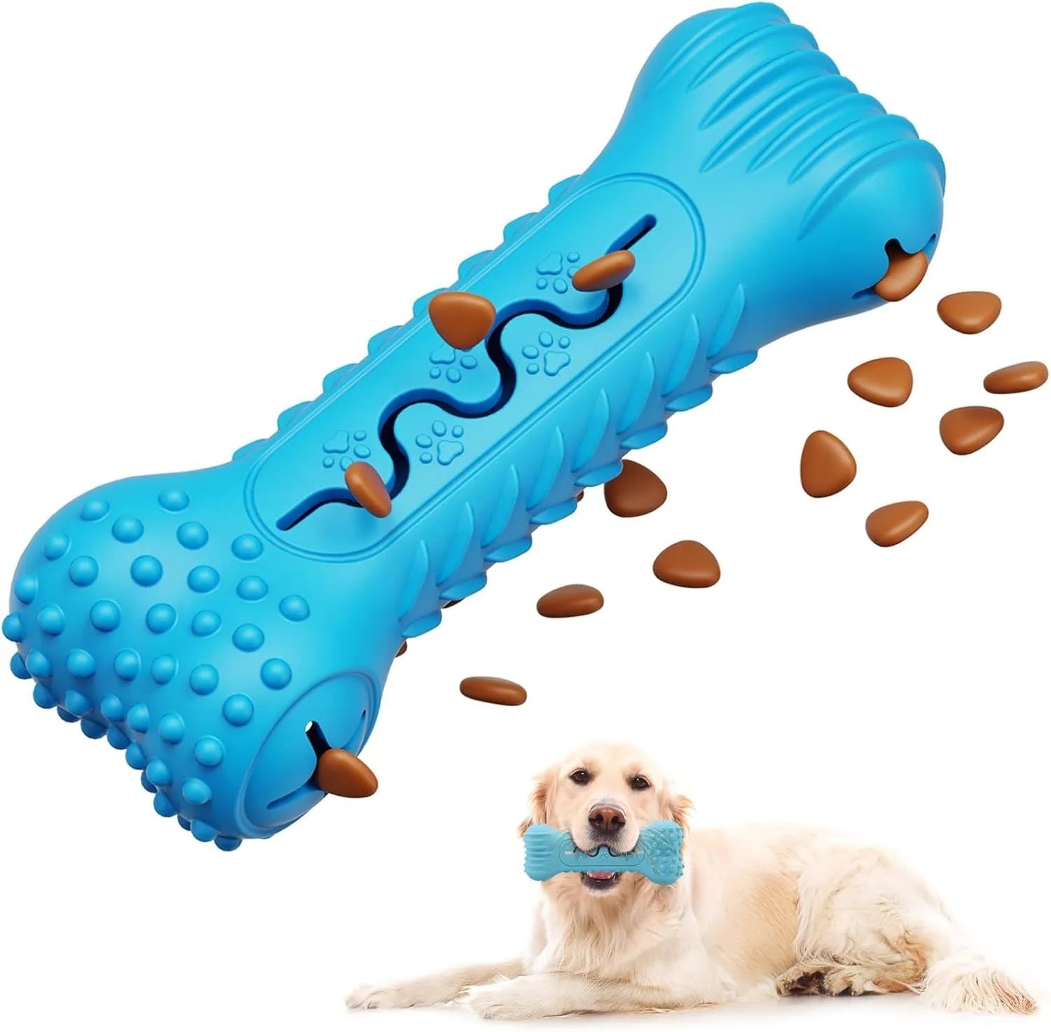 Blue, green and orange natural rubber bone-shaped dog chew toy for aggressive chewers